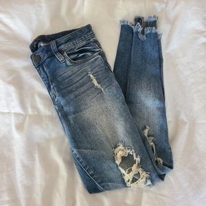 Distressed classic blue denim ankle skinny jeans frayed hem women's